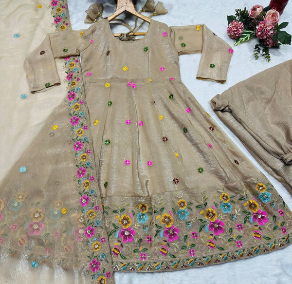 Beige Color Multi Embroidery Sequins Work Anarkali Suit