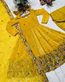 Beige Crunchy Silk Embroidered Gown Sharara Set