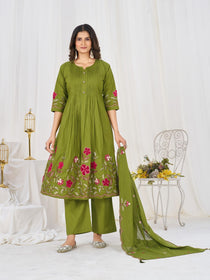 Multi-Thread Embroidered Cotton Anarkali Kurti Set with Dupatta