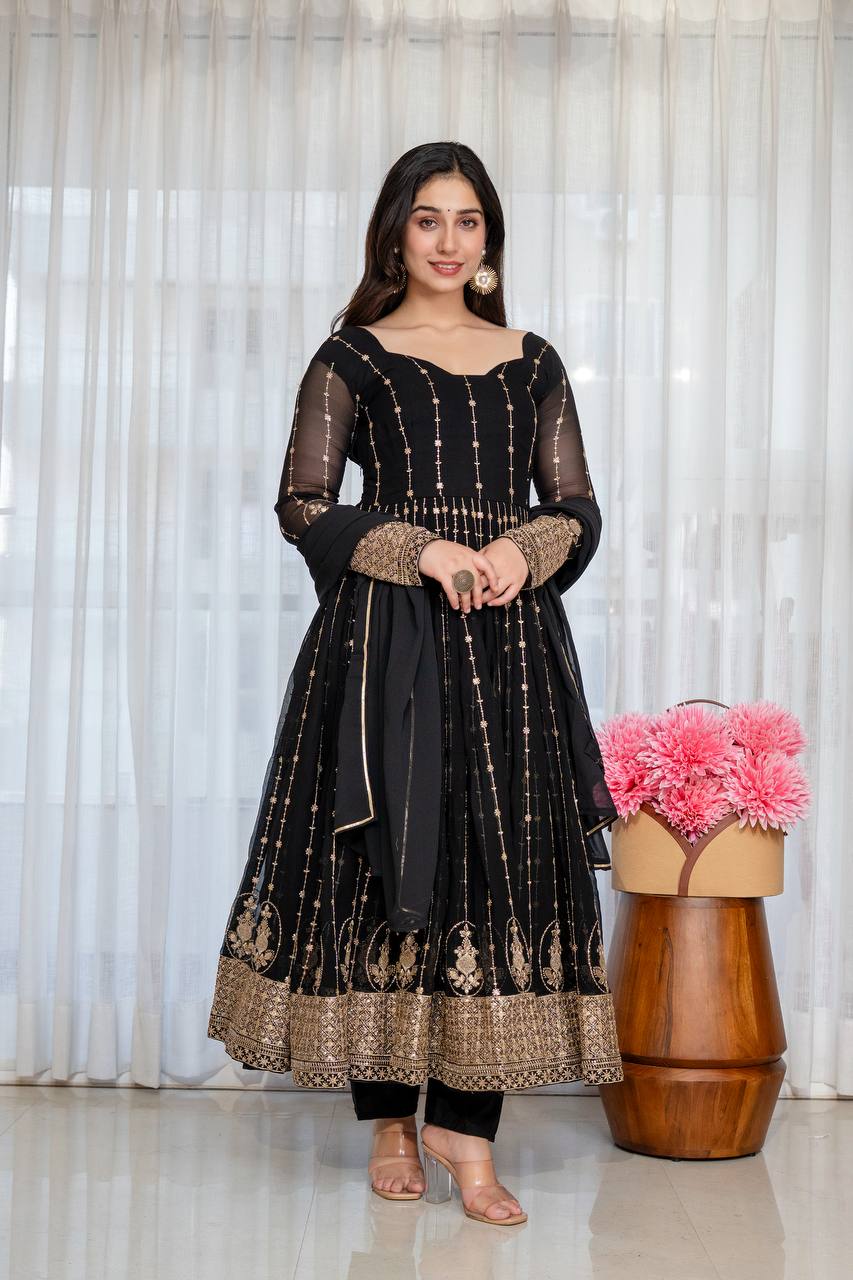 Black Zari Embroidered Anarkali Suit Set
