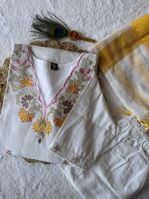 White Khadi Cotton Embroidered Kurta Pant Dupatta Set