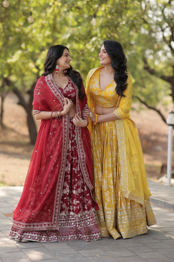 Weeding Wear Yellow And Maroon Color Jacquard Sequence Work Lehenga Choli LW-7080