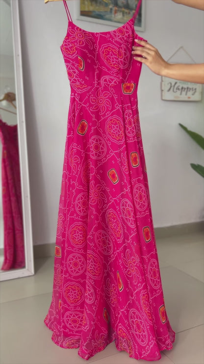 Fantastic Chiffon Bandhej Green And Pink Gown NKB-31