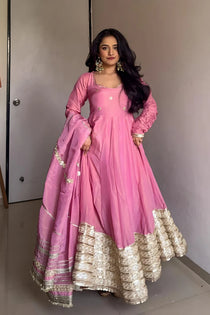 Pink Vichitra Silk Embroidered Gown Pant Dupatta Set