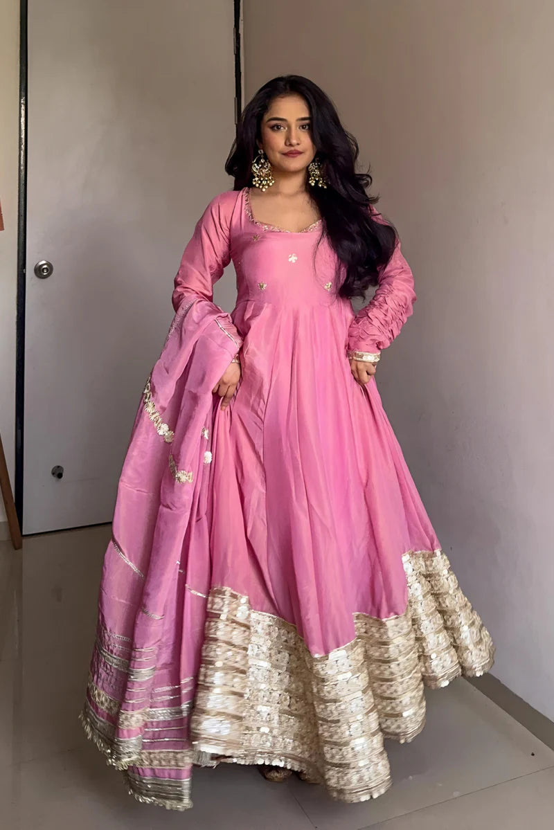 Pink Vichitra Silk Embroidered Gown Pant Dupatta Set