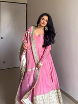 Pink Vichitra Silk Embroidered Gown Pant Dupatta Set