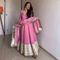 Pink Vichitra Silk Embroidered Gown Pant Dupatta Set