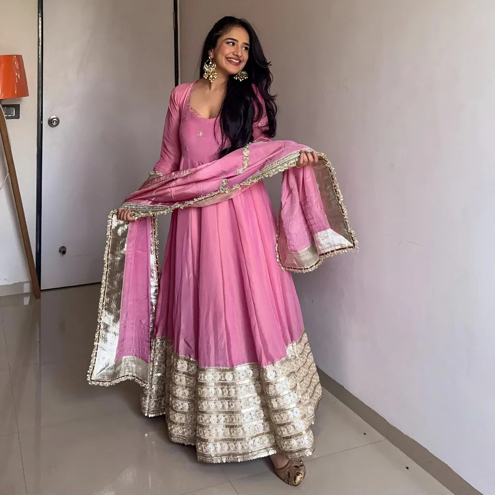 Pink Vichitra Silk Embroidered Gown Pant Dupatta Set
